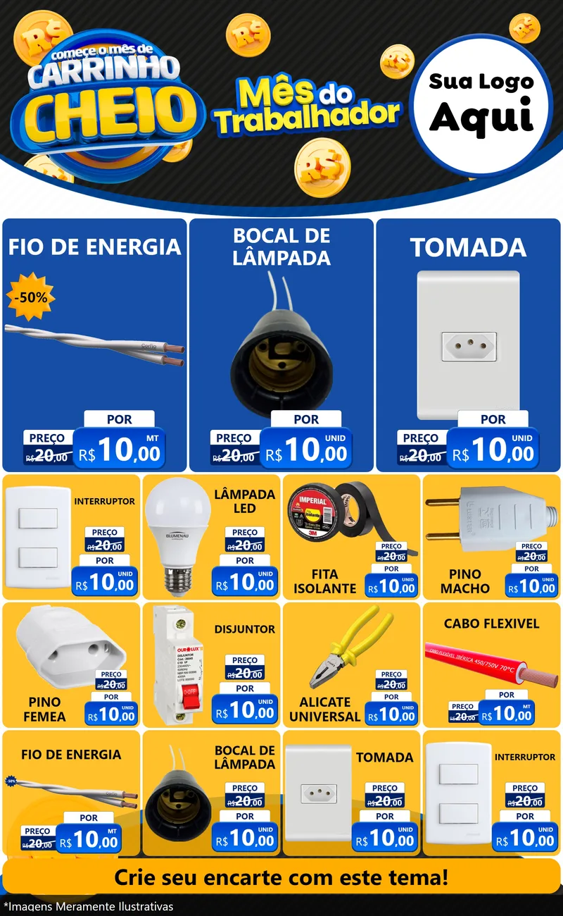 Modelo de Encarte para Encarte Grande com o tema Comece o Mês de Carrinho Cheio para Materiais Elétricos