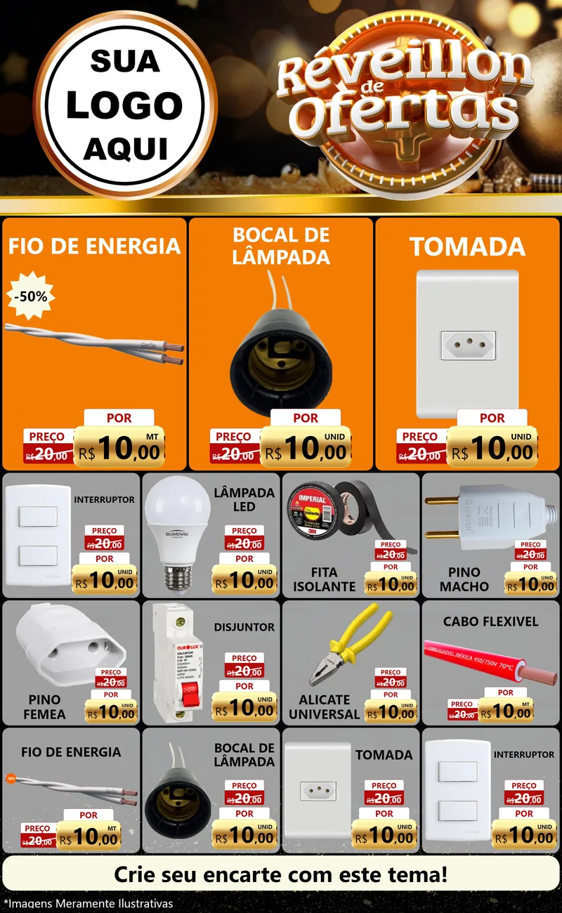 Modelo de Encarte para Encarte Grande com o tema Réveillon de Ofertas para Materiais Elétricos