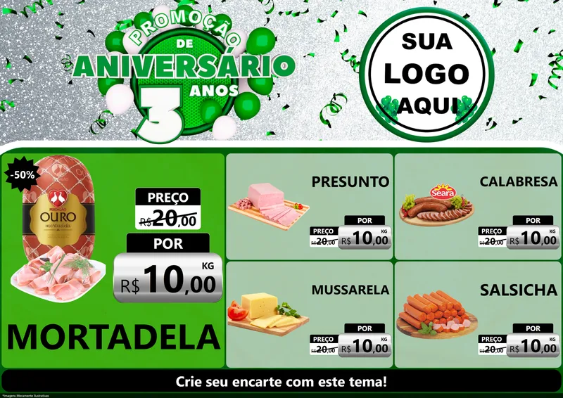 Modelo de Encarte para Encarte A4 Horizontal com o tema Promoção de Aniversário - 3 Anos para Frios e Laticínios