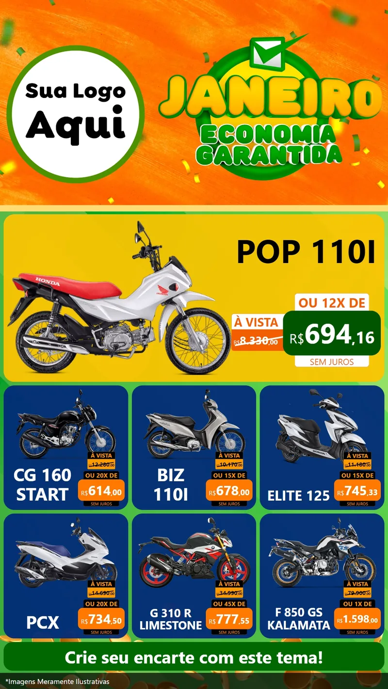 Modelo de Rede Social para Stories com o tema Janeiro - Economia Garantida para Concessionaria de Motos