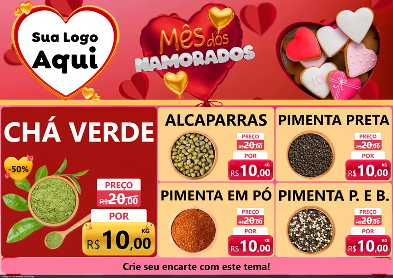 Modelo de Encarte para Encarte A4 Horizontal com o tema Mês dos Namorados para Produtos Naturais