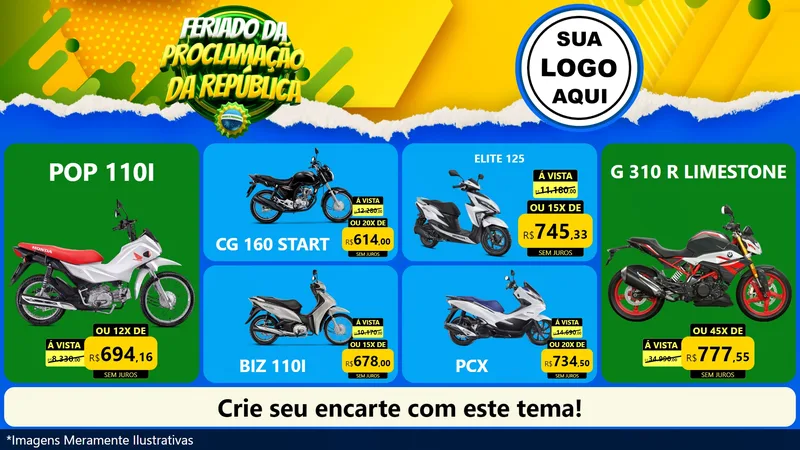 Modelo de TV para TV Horizontal com o tema Feriado da Proclamação da República para Concessionaria de Motos