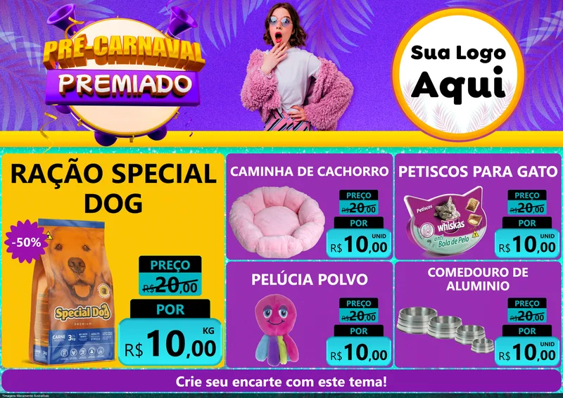 Modelo de Encarte para Encarte A4 Horizontal com o tema Pré-Carnaval Premiado para Pet Shop
