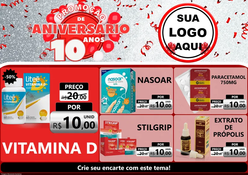 Modelo de Encarte para Encarte A4 Horizontal com o tema Promoção de Aniversário - 10 Anos para Farmácia