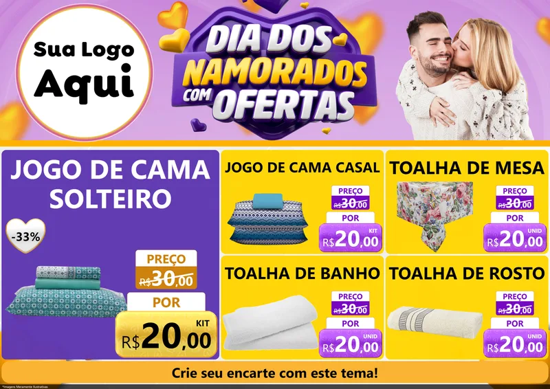 Modelo de Encarte para Encarte A4 Horizontal com o tema Dia Dos Namorados Com Ofertas para Cama, Mesa e Banho