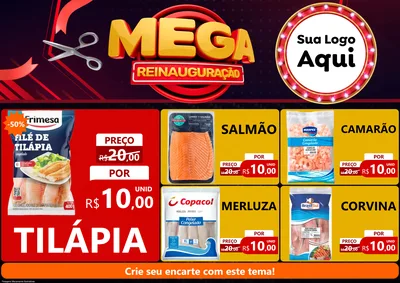 Modelo de Encarte para Encarte A4 Horizontal com o tema Mega Reinauguração para Peixaria