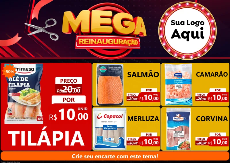 Modelo de Encarte para Encarte A4 Horizontal com o tema Mega Reinauguração para Peixaria