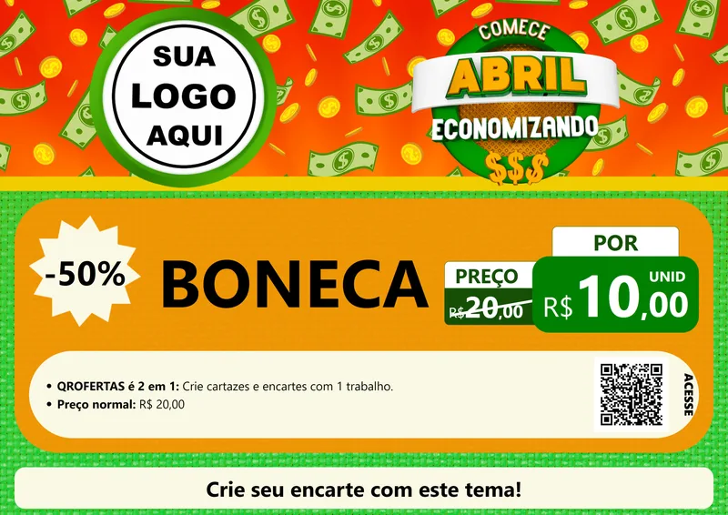 Modelo de Cartaz para Cartaz A4 Horizontal com o tema Comece Abril Economizando para Brinquedos