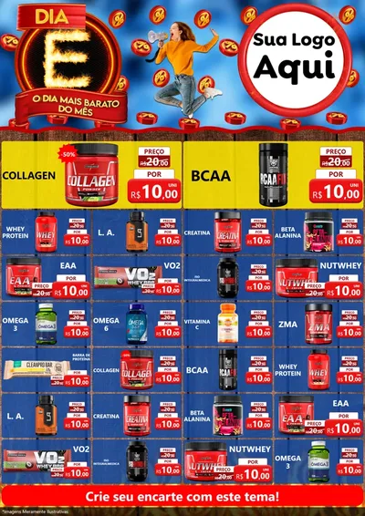 Modelo de Encarte para Encarte A4 Vertical com o tema Dia E - O Dia Mais Barato Do Mês para Suplementos alimentares