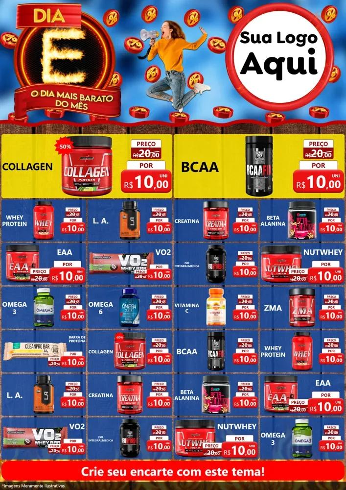 Modelo de Encarte para Encarte A4 Vertical com o tema Dia E - O Dia Mais Barato Do Mês para Suplementos alimentares