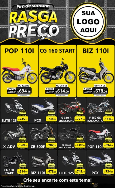 Modelo de Encarte para Encarte Grande com o tema Fim de Semana Rasga Preço para Concessionaria de Motos