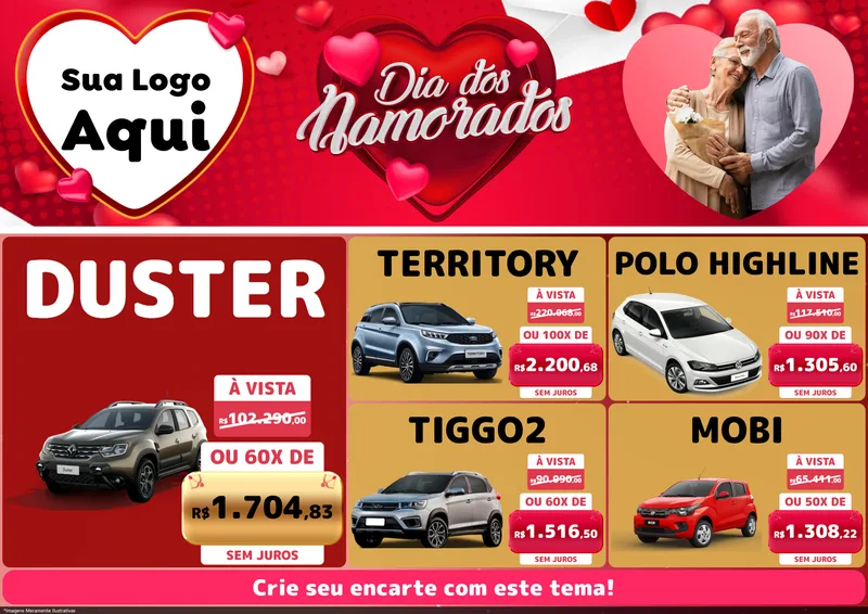Modelo de Encarte para Encarte A4 Horizontal com o tema Dia Dos Namorados para Concessionaria de Carros