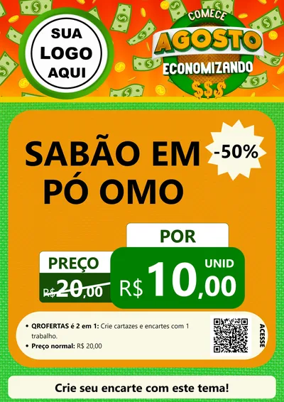 Modelo de Cartaz para Cartaz A4 Vertical com o tema Comece Agosto Economizando para Produtos de Limpeza