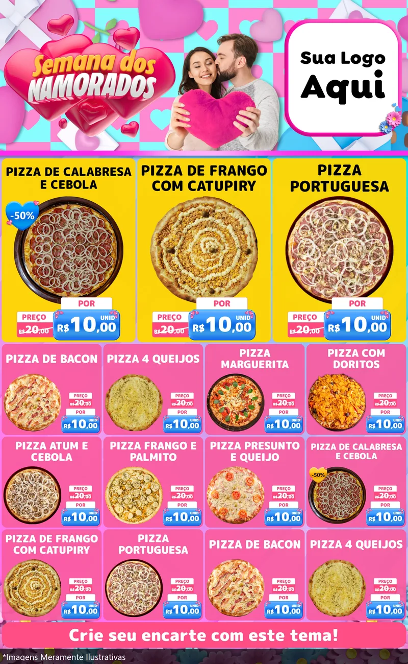 Modelo de Encarte para Encarte Grande com o tema Semana dos Namorados para Pizzaria