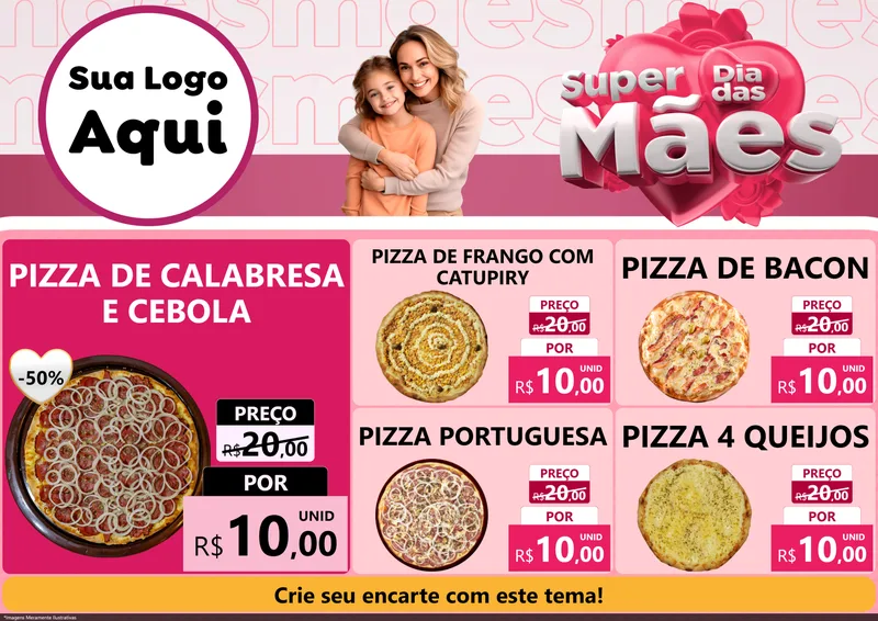 Modelo de Encarte para Encarte A4 Horizontal com o tema Super Dia Das Mães para Pizzaria