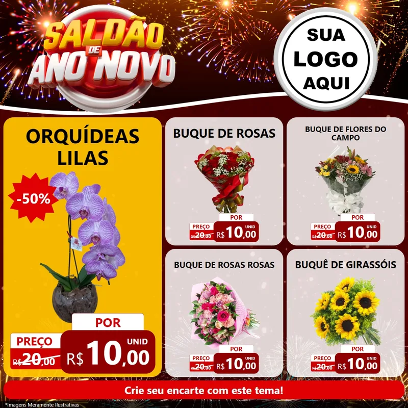Modelo de Rede Social para Feed Facebook com o tema Saldão de Ano Novo para Floricultura e jardim