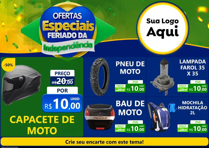Modelo de Encarte para Encarte A4 Horizontal com o tema Ofertas Especiais Feriado da Independência para Moto peças