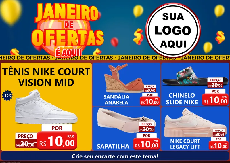 Modelo de Encarte para Encarte A4 Horizontal com o tema Janeiro de Ofertas É Aqui! para Calçados