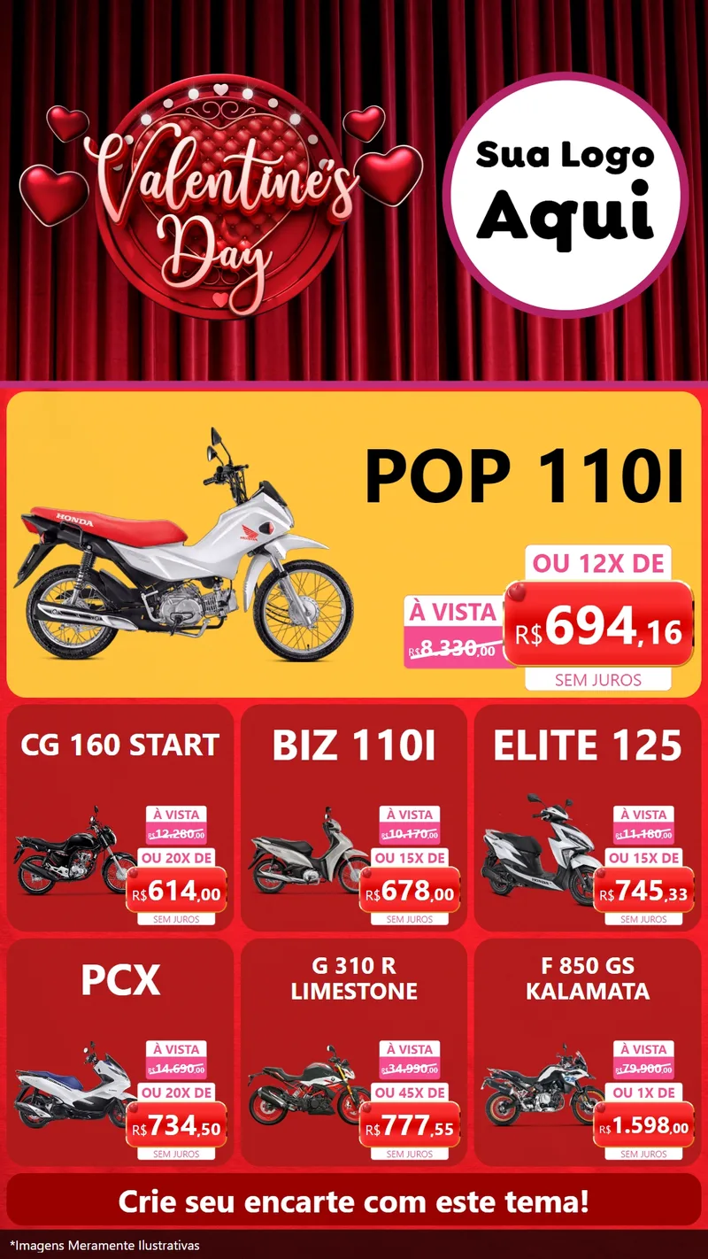 Modelo de Rede Social para Stories com o tema Valentine's Day para Concessionaria de Motos