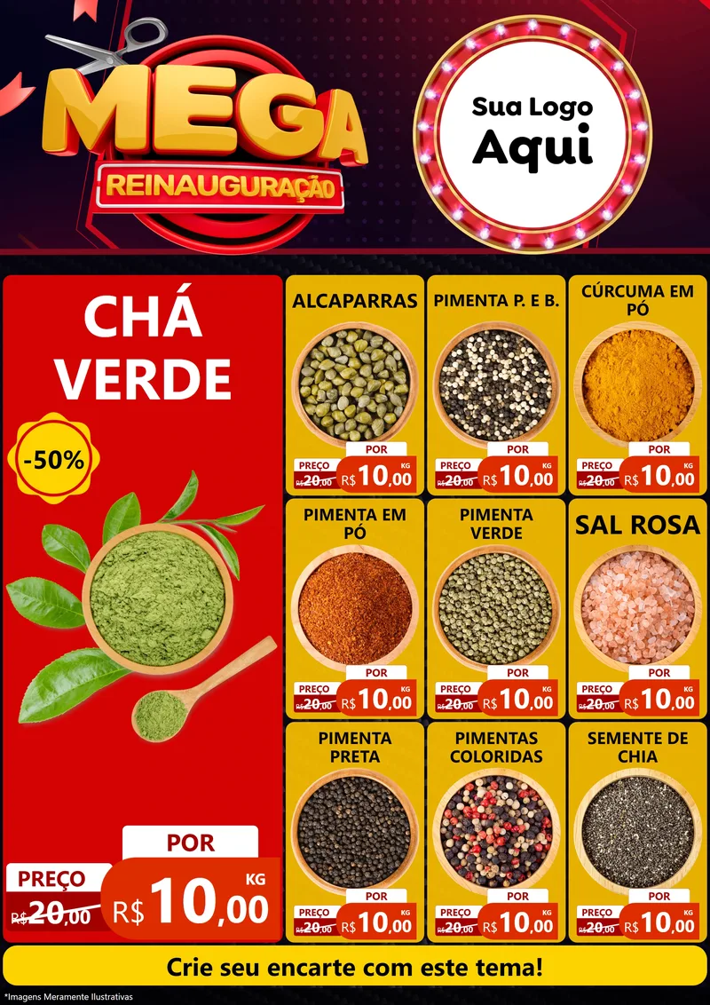 Modelo de Encarte para Encarte A4 Vertical com o tema Mega Reinauguração para Produtos Naturais