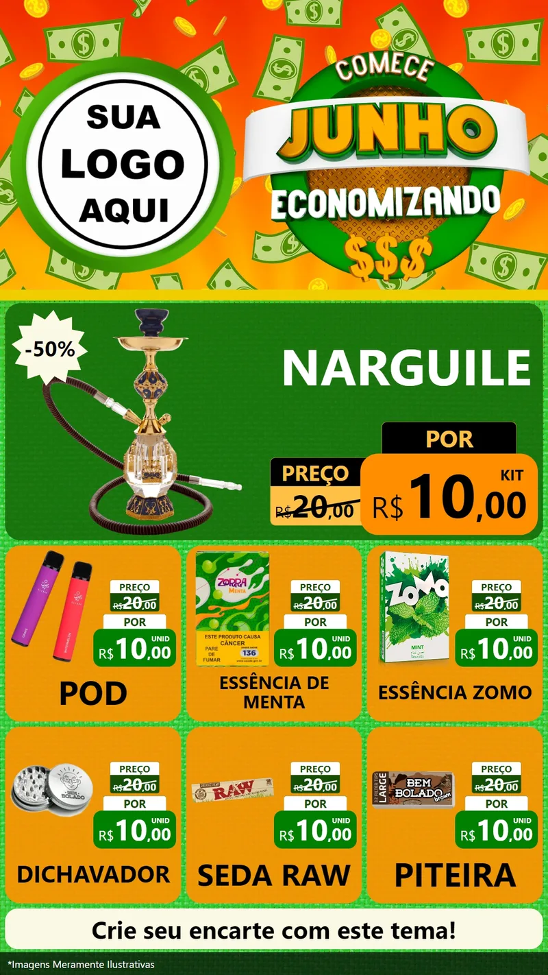 Modelo de Rede Social para Stories com o tema Comece Junho Economizando para Tabacaria