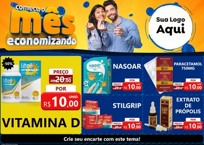 Modelo de Encarte para Encarte A4 Horizontal com o tema Comece O Mês Economizando para Farmácia