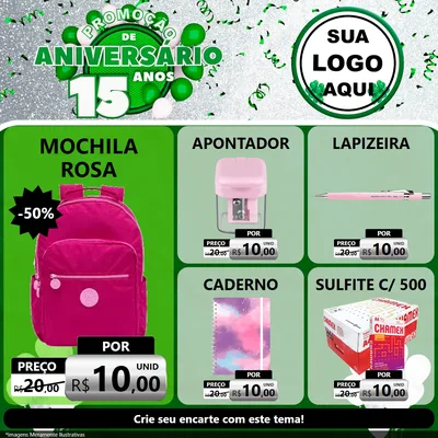 Modelo de Rede Social para Feed Facebook com o tema Promoção de Aniversário - 15 Anos para Papelaria