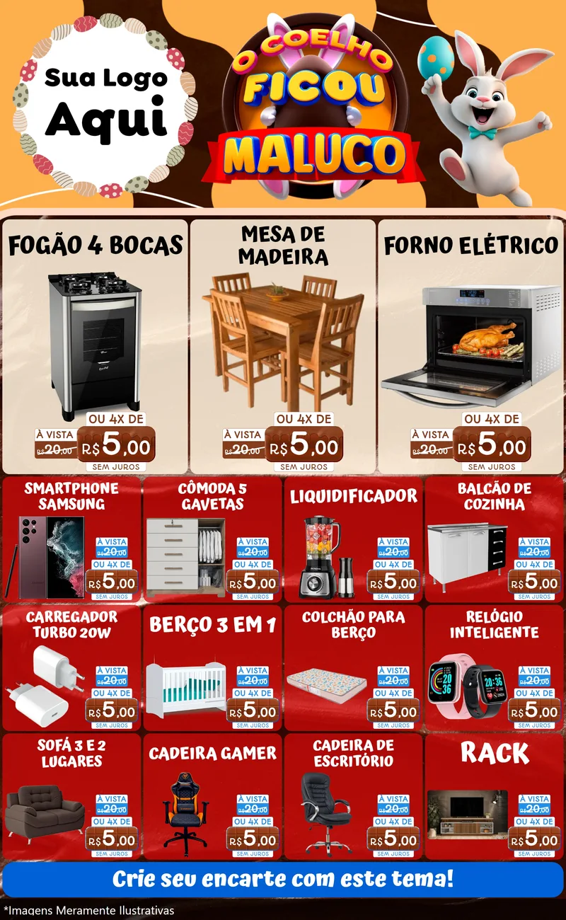 Modelo de Encarte para Encarte Grande com o tema O Coelho Ficou Maluco - Páscoa para Móveis e Eletro