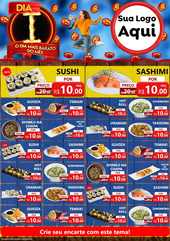 Modelo de Encarte para Encarte A4 Vertical com o tema Dia I - O Dia Mais Barato Do Mês para Comida japonesa
