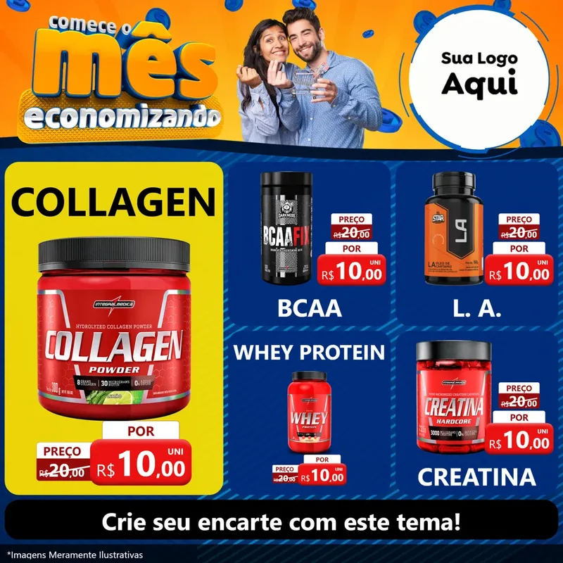 Modelo de Rede Social para Feed Facebook com o tema Comece O Mês Economizando para Suplementos alimentares
