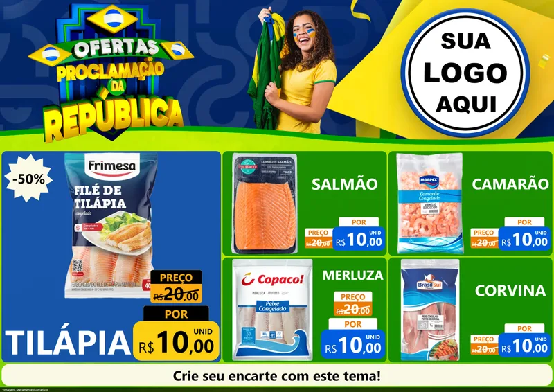 Modelo de Encarte para Encarte A4 Horizontal com o tema Ofertas Proclamação da República para Peixaria