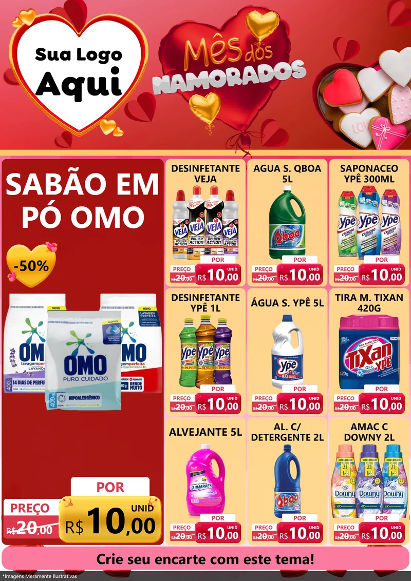 Modelo de Encarte para Encarte A4 Vertical com o tema Mês dos Namorados para Produtos de Limpeza