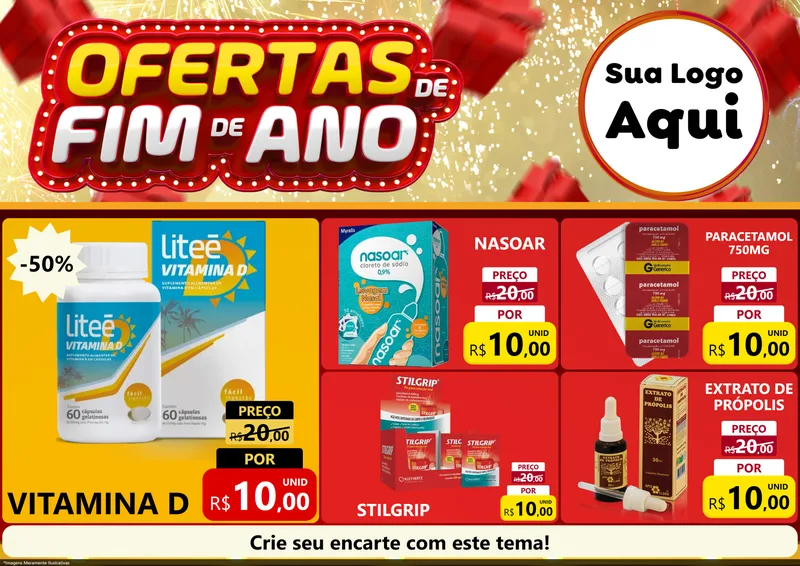 Modelo de Encarte para Encarte A4 Horizontal com o tema Ofertas de Fim de Ano para Farmácia