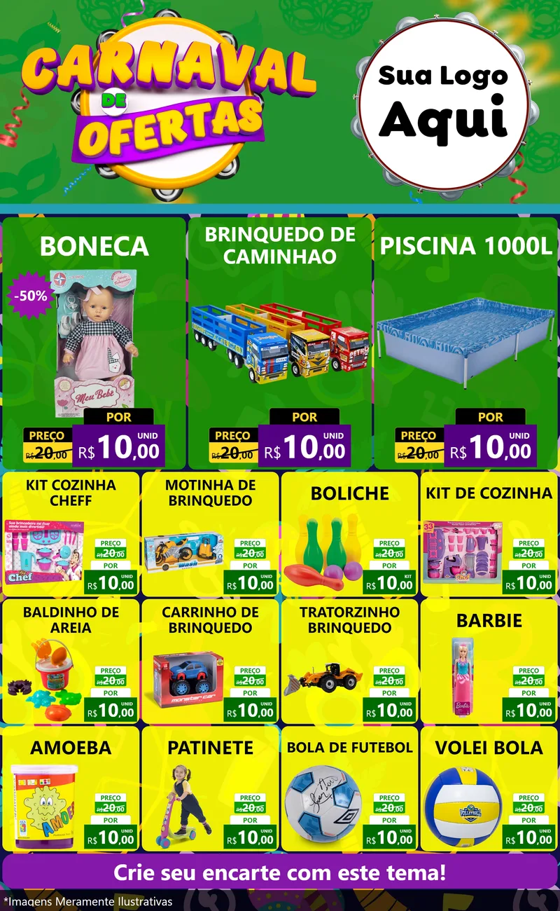Modelo de Encarte para Encarte Grande com o tema Carnaval de Ofertas para Brinquedos