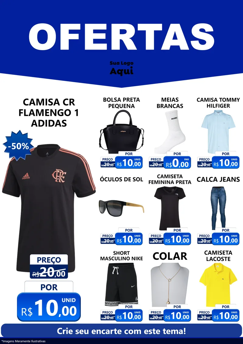 Modelo de Encarte para Encarte A4 Vertical com o tema Ofertas Azul Cartaz para Roupas e acessórios