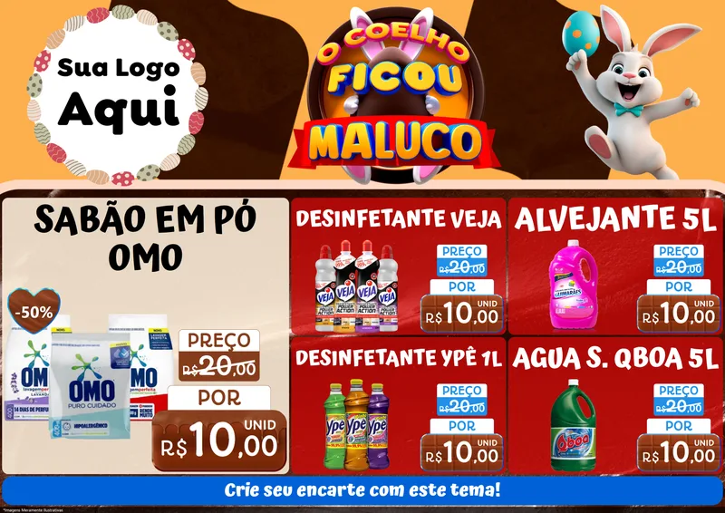 Modelo de Encarte para Encarte A4 Horizontal com o tema O Coelho Ficou Maluco - Páscoa para Produtos de Limpeza