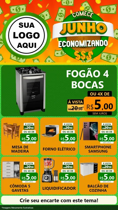 Modelo de Rede Social para Stories com o tema Comece Junho Economizando para Móveis e Eletro
