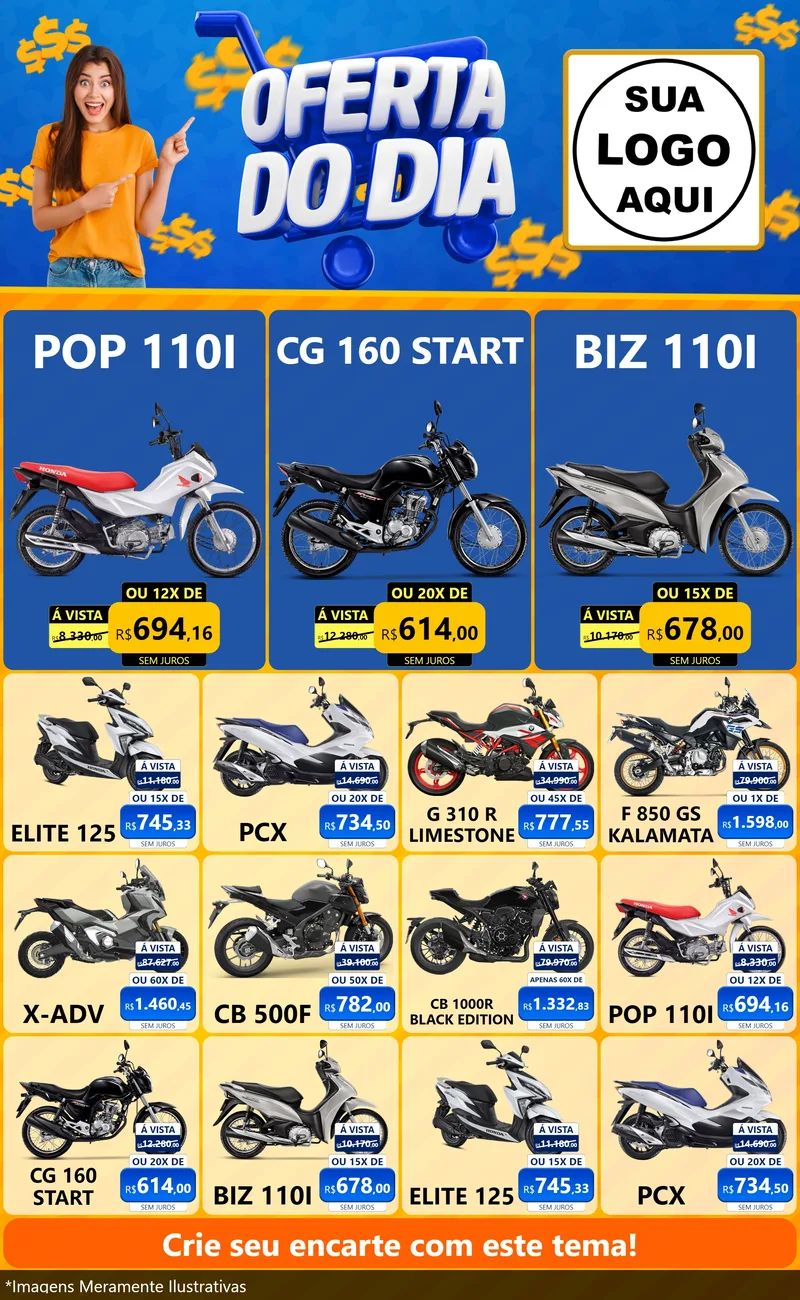 Modelo de Encarte para Encarte Grande com o tema Oferta do Dia para Concessionaria de Motos