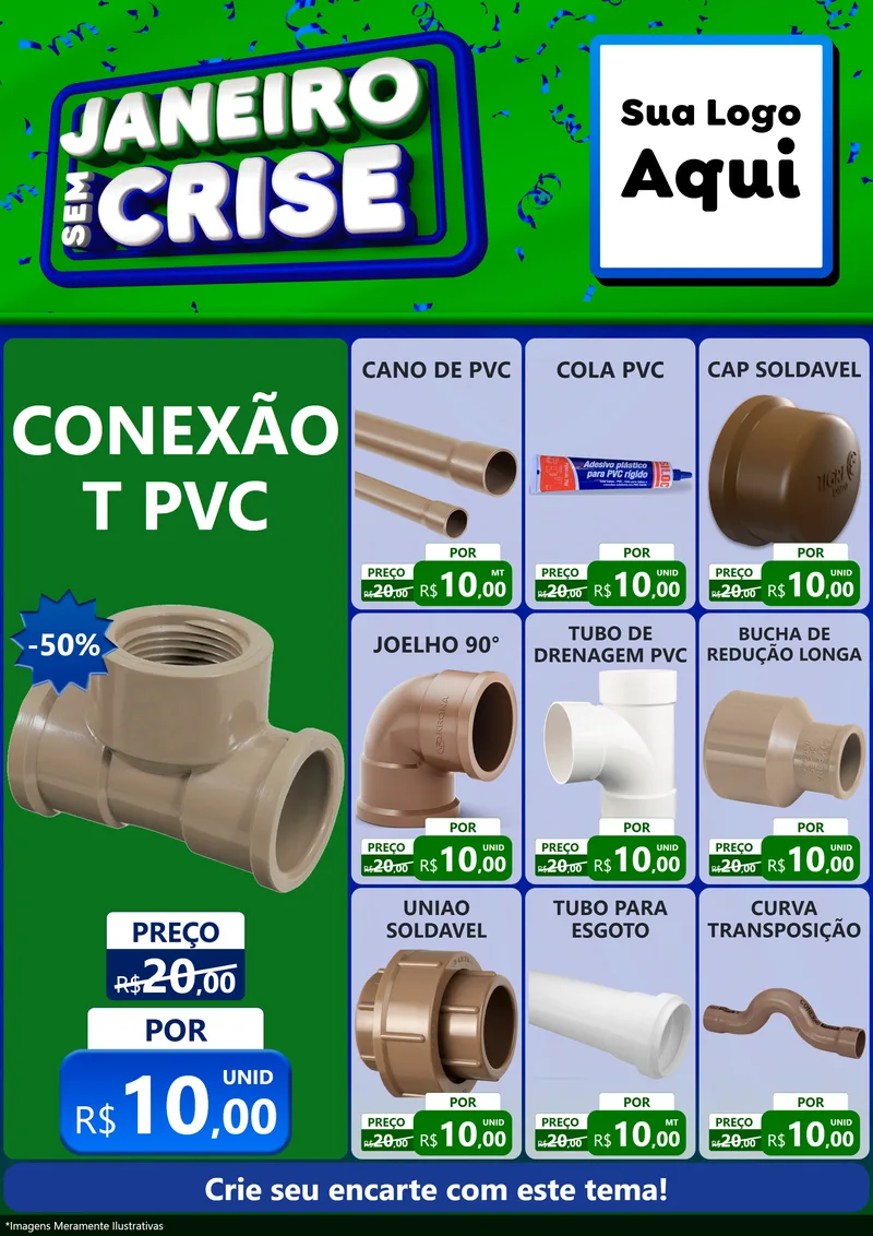 Modelo de Encarte para Encarte A4 Vertical com o tema Janeiro Sem Crise para Tubos e conexões