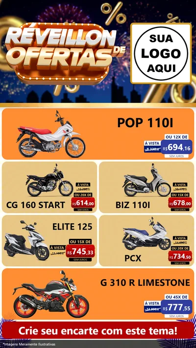 Modelo de TV para TV Vertical com o tema Réveillon de Ofertas para Concessionaria de Motos