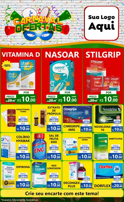Modelo de Encarte para Encarte Grande com o tema Carnaval de Ofertas para Farmácia