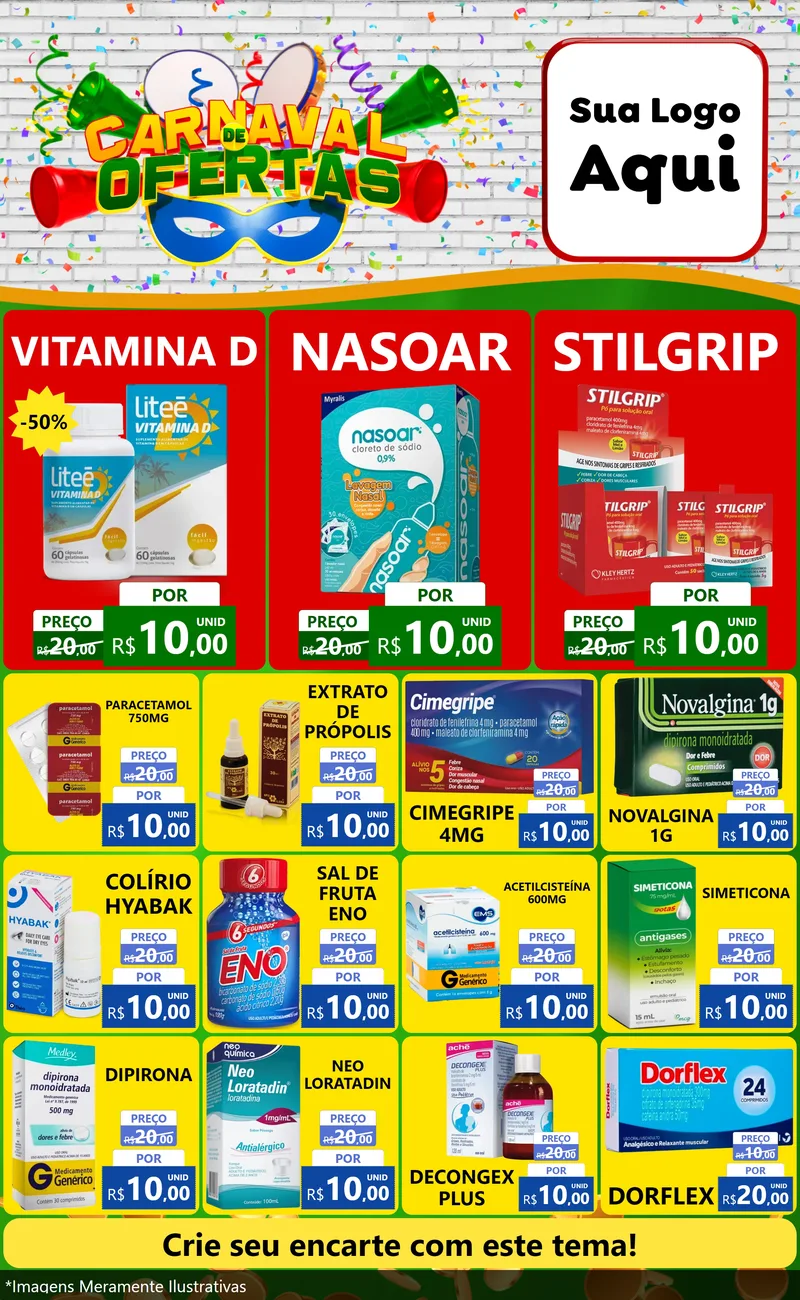 Modelo de Encarte para Encarte Grande com o tema Carnaval de Ofertas para Farmácia