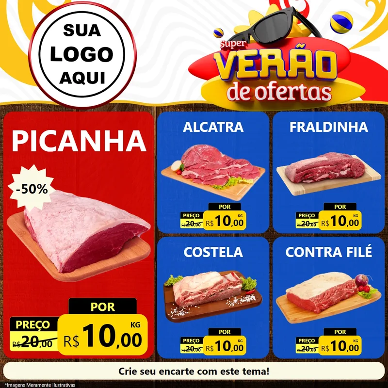 Modelo de Rede Social para Feed Facebook com o tema Super Verão de Ofertas para Açougue