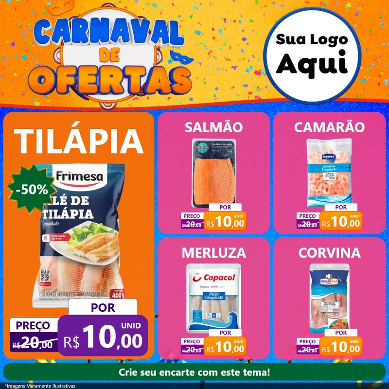 Modelo de Rede Social para Feed Facebook com o tema Carnaval de Ofertas para Peixaria