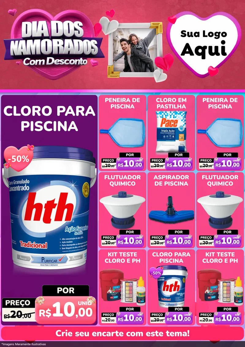 Modelo de Encarte para Encarte A4 Vertical com o tema Dia Dos Namorados Com Desconto para Produtos para Piscina