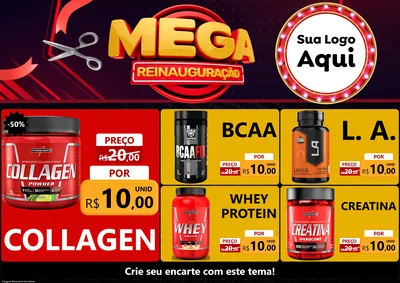 Modelo de Encarte para Encarte A4 Horizontal com o tema Mega Reinauguração para Suplementos alimentares