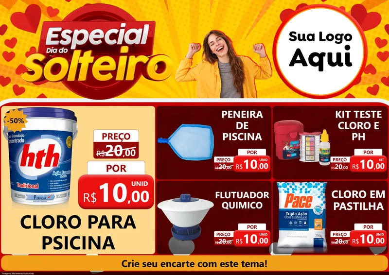 Modelo de Encarte para Encarte A4 Horizontal com o tema Especial Dia do Solteiro para Produtos para Piscina
