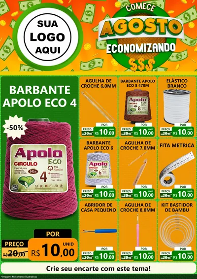 Modelo de Encarte para Encarte A4 Vertical com o tema Comece Agosto Economizando para Armarinho e Aviamentos