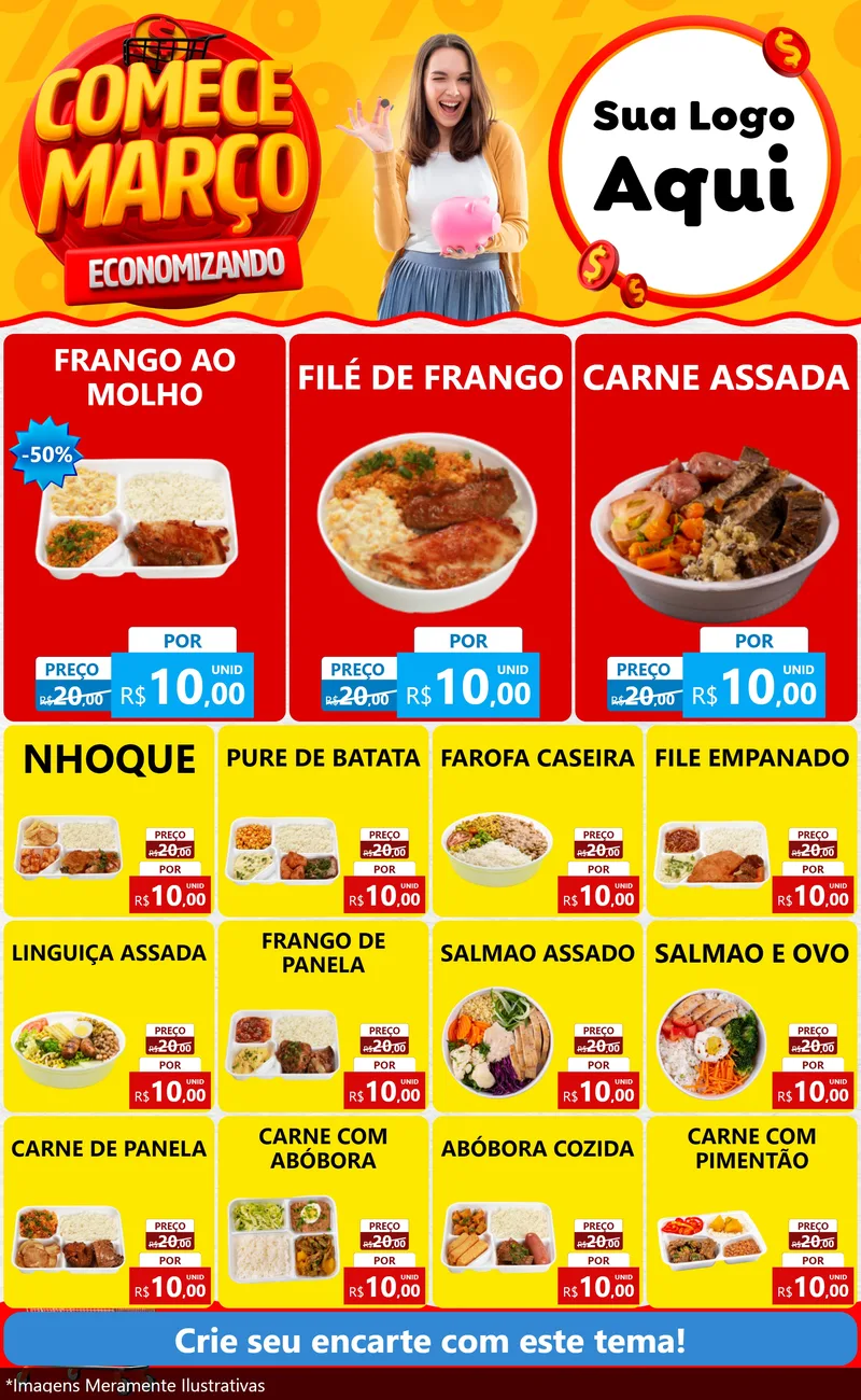 Modelo de Encarte para Encarte Grande com o tema Comece Março Economizando para Restaurante
