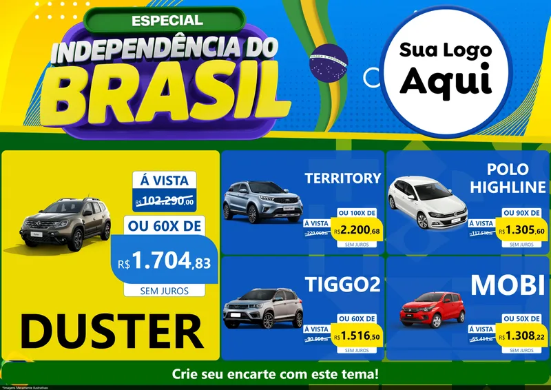 Modelo de Encarte para Encarte A4 Horizontal com o tema Especial Independência do Brasil para Concessionaria de Carros